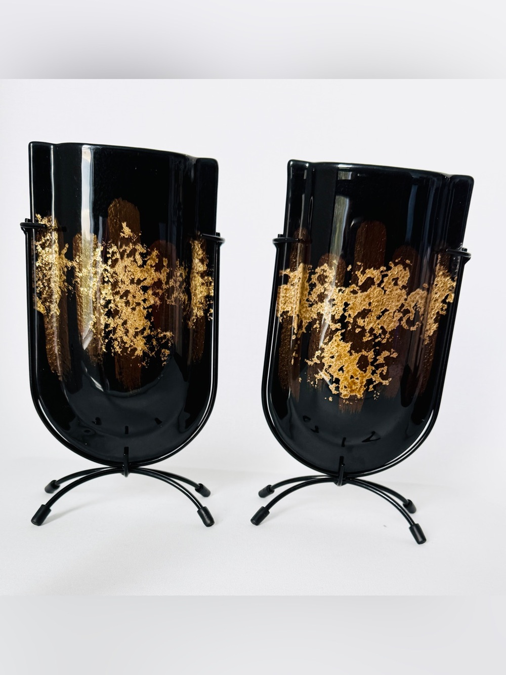 Vintage Mid Century Black & Gold Leaf Pillow Vases with Wrought Iron Stands